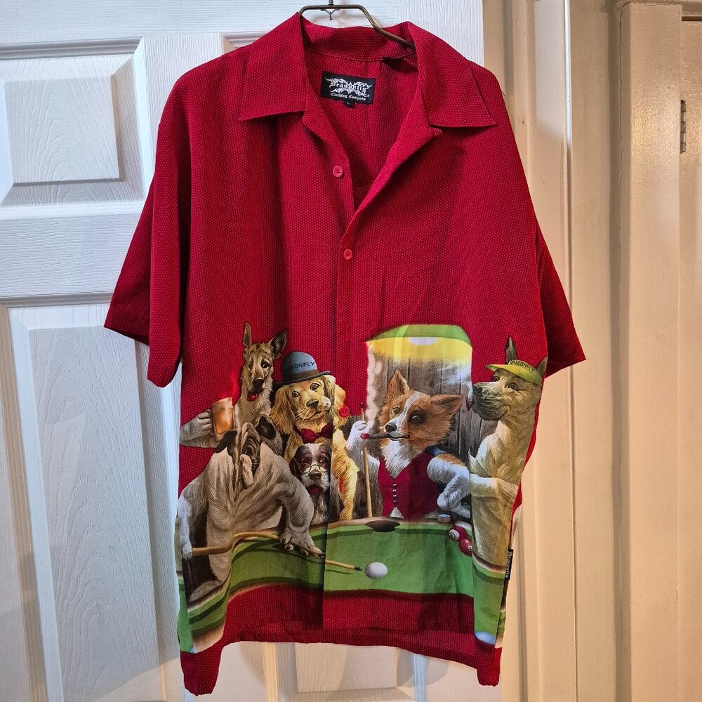 DRAGONFLY DOGS PLAYING POOL BUTTON UP SHIRT MEN'S SIZE LARGE